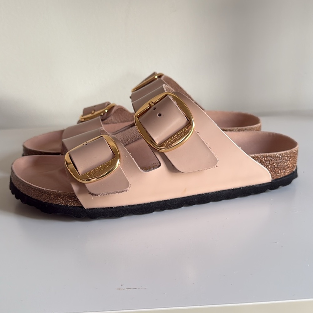 BIRKENSTOCK Arizona Big Buckle High Shine Leather Slide Sandals Nude 39 8-8.5 - Picture 6 of 16